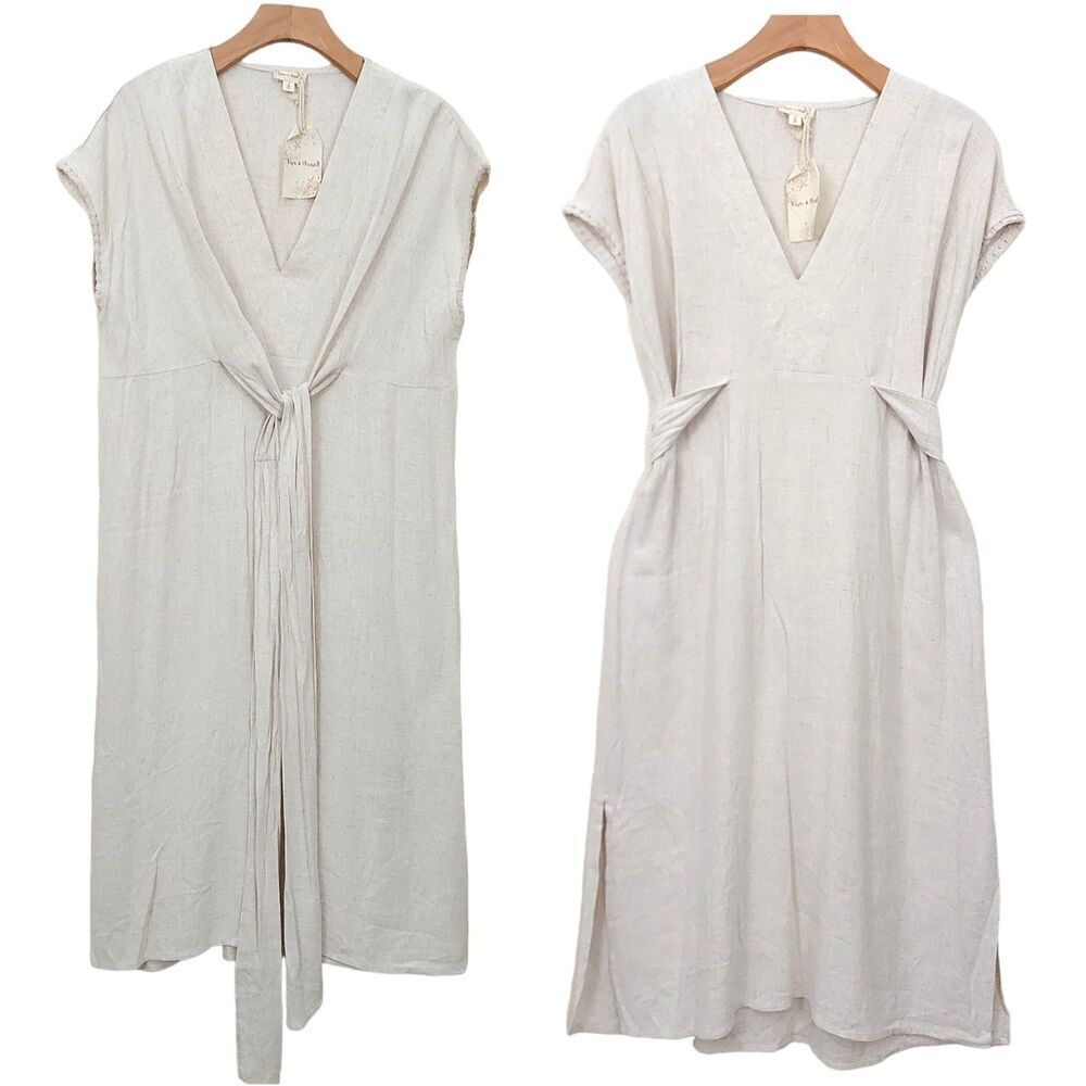 Hem & Thread Womens Small Beige Midi DressLinen Blend V-Neck Tie Back Sundress
